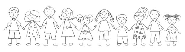 一群快乐的孩子手牵着手，手绘风格。孩子们的画。矢量图图片下载