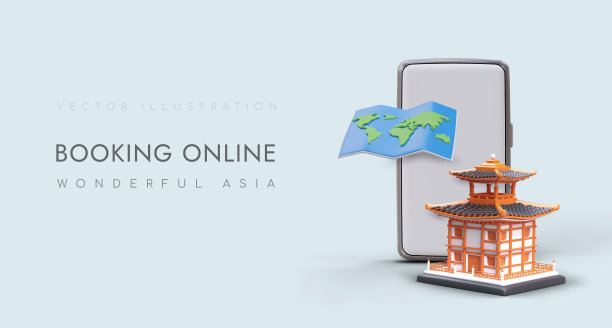 亲自探索亚洲。3D元素旅游应用广告图片下载