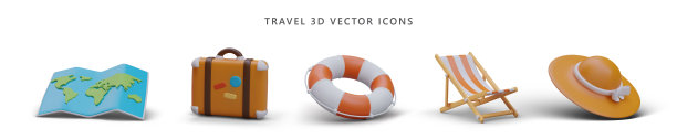 收集旅游现实主义的图标。地图，贴有贴纸的行李箱，救生圈，折叠椅，巴拿马图片下载