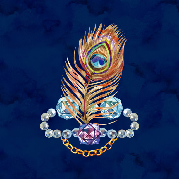 孔雀水彩画。金卷构图。水彩背景。图片下载