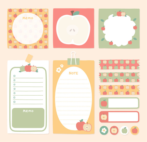 苹果纸笔记，贴纸，粘纸和胶带。矢量集的文具。图片下载
