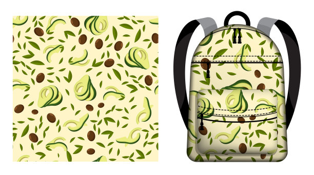 儿童学校背包装饰牛油果的叶子和种子无缝图案。牛油果楔形和切片。矢量装饰设计的海报和纺织品印刷图片下载