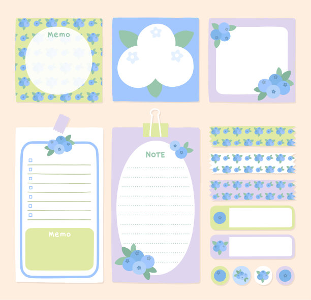 蓝莓，纸条，贴纸，粘纸和胶带。矢量集的文具。图片下载