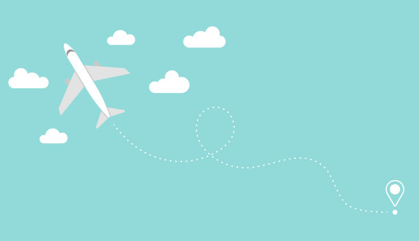 飞机在天空中飞行，云在蓝色的背景上。航路和位置地图图钉。飞机飞行路径横幅模板。航班，假期，假期，旅行，商务或旅游旅行。旅行的概念时间。图片下载