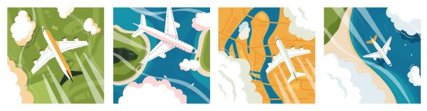 飞机俯视图背景。方形横幅上有飞越森林、海岸和绿色飞机的客机鸟瞰图。矢量航空鸟瞰图插图图片下载