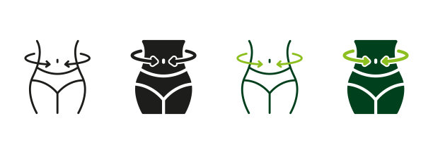 女性瘦身标志系列。塑造腰围控制。瘦身腰线和轮廓图标集。女人减肥黑色和彩色象形图。孤立矢量图图片下载