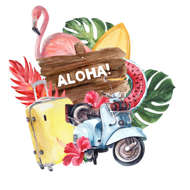 明亮多汁的海滩主题插图。旅游和娱乐。用手在白色背景上画水彩画。图片下载