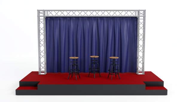 桁架和红色舞台与蓝色窗帘的三维渲染，用于谈话，采访活动和演示概念图片下载