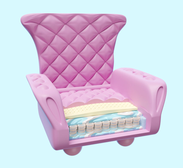 三维层叠片材沙发与空气织物，口袋弹簧，天然乳胶，记忆泡沫隔离在蓝色背景。3d渲染插图，剪切路径图片下载