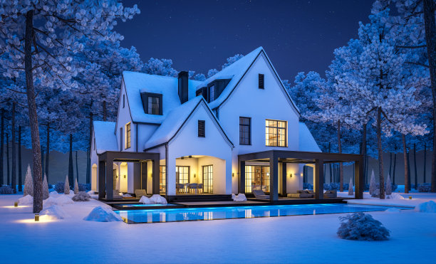 冬夜的黑白现代都铎式房屋3d渲染图图片下载