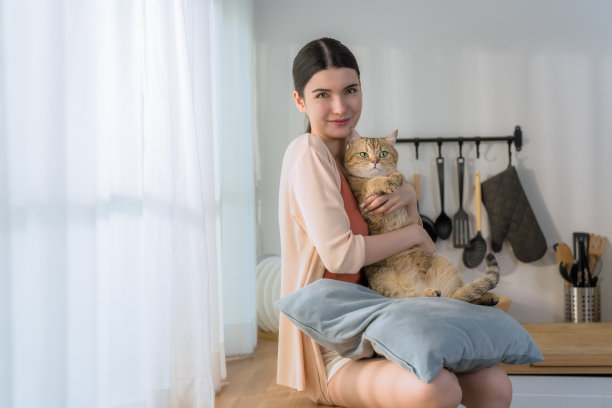 早晨阳光下，厨房柜台上有一只猫的亚洲女人图片下载