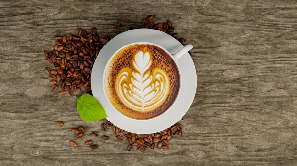 顶视图晚期艺术咖啡在白色的杯子与咖啡豆和叶子在旧的木制背景图片下载