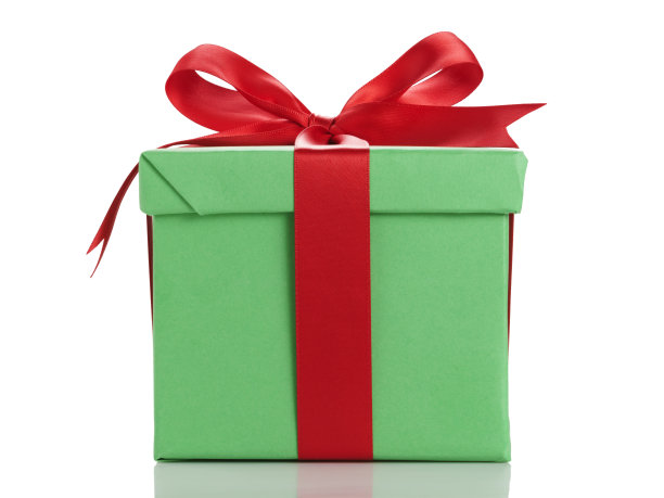 绿色礼盒与红丝带蝴蝶结孤立的白色图片下载