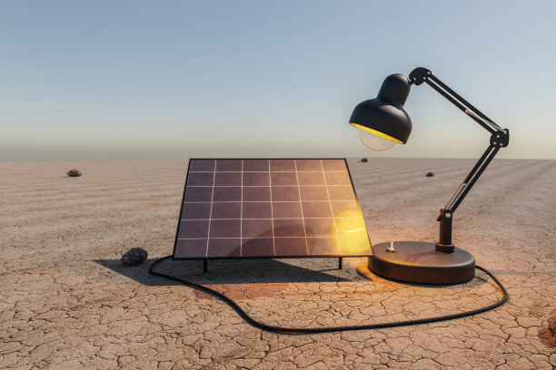 沙漠环境下巨型台灯照在太阳能板上;可再生无限绿色能源理念;三维演示图片下载