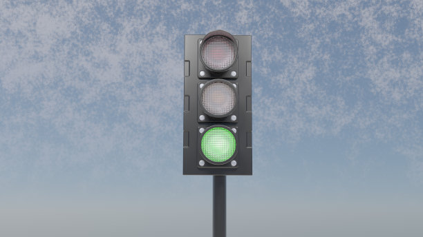 绿色交通信号灯与城市，而日落允许汽车与现实的天空背景3d渲染插图图片下载