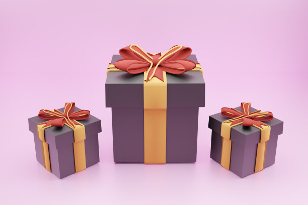 3d渲染新年快乐和圣诞快乐2023黑色礼物3个不同大小的盒子与红色的蝴蝶结和金色亮片彩纸在浅紫色阴影的背景图片下载
