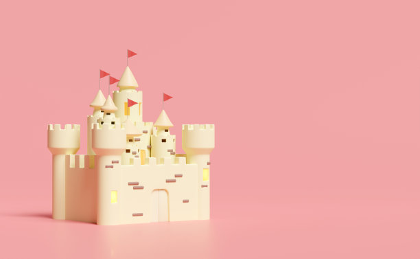 暑假概念，三维沙城堡与塔，堡垒，大门和旗帜隔离在粉红色的背景。3d渲染插图，剪切路径图片下载