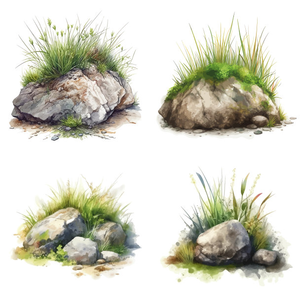 高细节的水彩元素的岩石和草图片下载