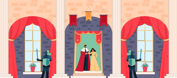 中世纪城堡里的卡通国王和王后图片下载