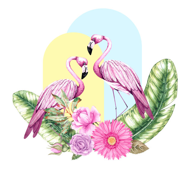 热带几何构图以火烈鸟、香蕉叶、鲜花为主图片下载