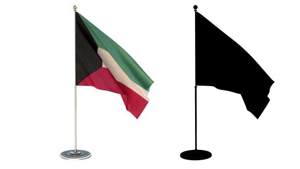 3D插画科威特国旗桌面小旗杆白色背景图片下载