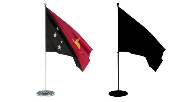 3D插画：巴布亚新几内亚国旗桌面小旗，白色背景，带Alpha通道图片下载