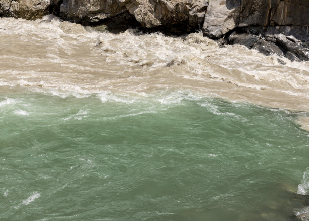 浑浊的洪水和纯净的清水在河流中平行流动图片下载