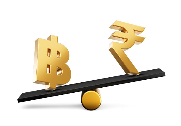 3d黄金泰铢和卢比符号图标与3d黑色平衡重量跷跷板，3d插图图片下载