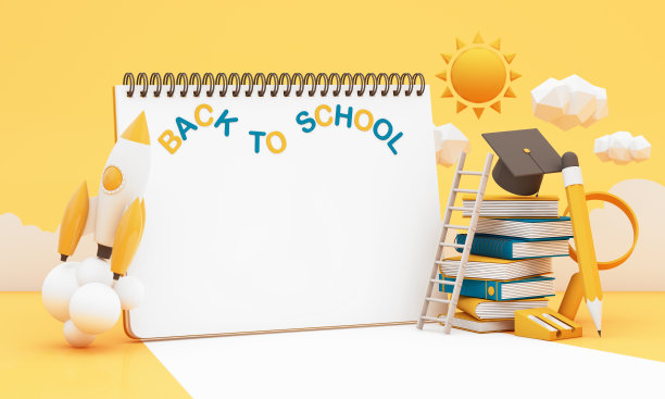 在黄色背景上写有书和附件的板子。学位成就教育和开放学习的自由宣布空间。返校概念3D渲染，3D插图图片下载