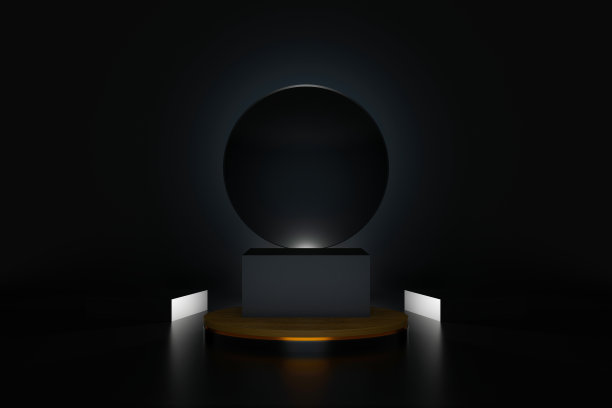 黑色显示背景与几何形状，讲台在地板上。产品展示的平台。抽象构图设计，展示产品为黑色，三维插画图片下载