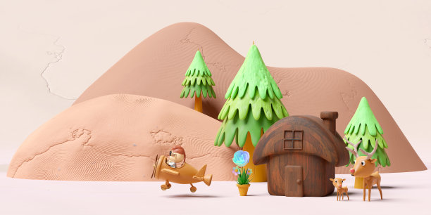 三维山地景观，松木，鹿，鹿，小鹿站在松林从橡皮泥，飞行员，螺旋桨飞机，木屋孤立在灰色背景。粘土玩具概念，3d插图渲染图片下载