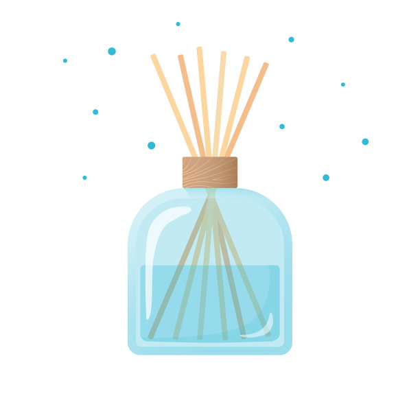 家用香氛，蓝色玻璃瓶香棒，家用香水，白色背景的平面可编辑对象图片下载