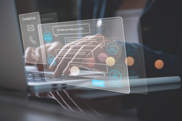 聊天机器人对话助手。使用聊天机器人的在线客服获得支持的人。人工智能和CRM软件自动化技术，客户支持中心图片下载