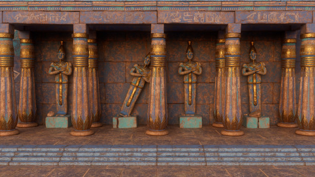 古埃及神庙废墟上绘有蓝色和金色的雕像和柱子。3 d渲染。图片下载