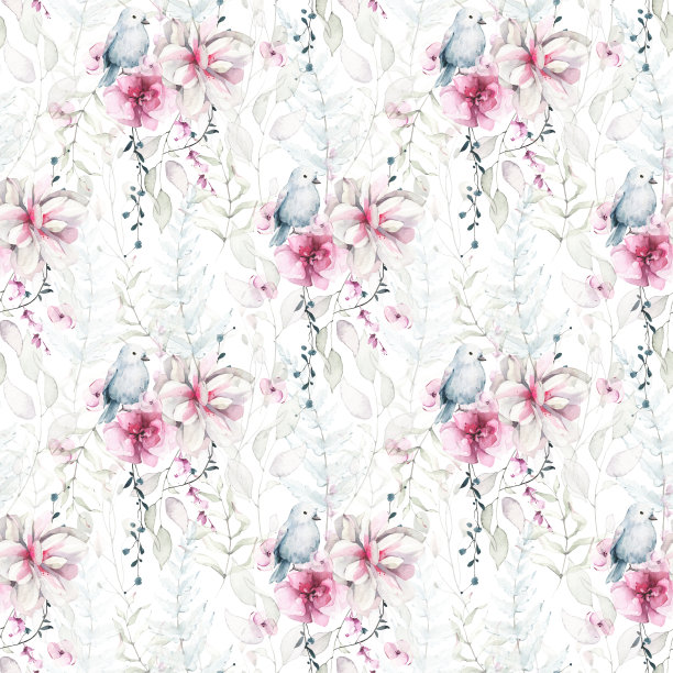 白色的荷花和粉红色的玫瑰花，嫩绿的枝叶。水彩花卉无缝图案。白色背景图片下载