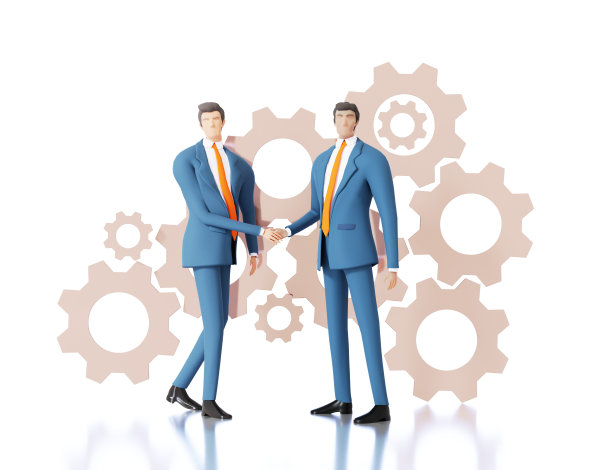 商务人士握手，达成协议，达成交易。金色齿轮在背景3D渲染插图图片下载