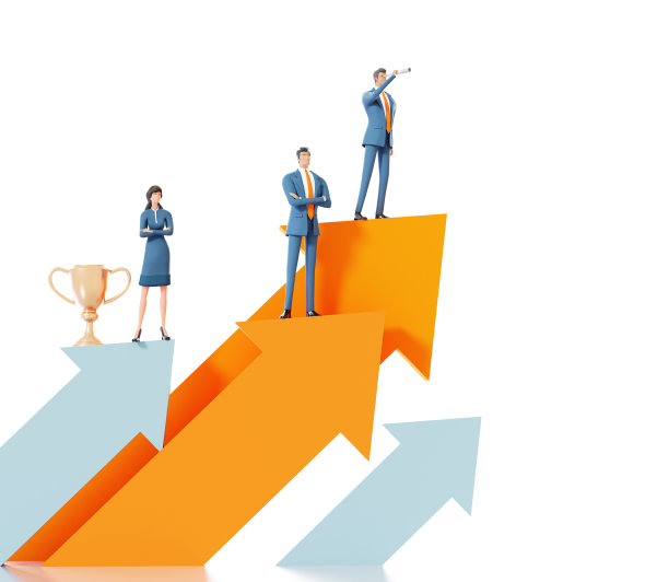 自信的商人和他的团队站在大箭头的顶端，用望远镜观察未来。3D渲染图图片下载