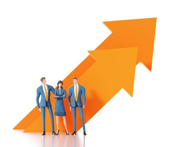 商务人士，成功的团队呆在大箭头旁边，向上指向作为成长和积极进步的象征。3D渲染图图片下载