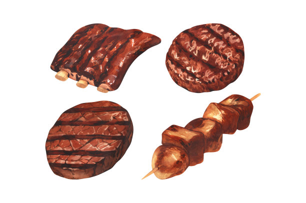 水彩烧烤烤牛排牛肉，牛排，排骨，牛排和鸡肉串。手绘插图孤立在白色背景。完美的菜单屠宰食品，肉类产品图片下载