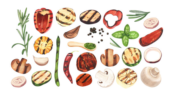 水彩烤蔬菜烧烤:辣椒、番茄、西葫芦、蘑菇、迷迭香、玉米等烹饪烧烤用。手绘插图孤立在白色背景。适合菜单咖啡馆，餐厅图片下载