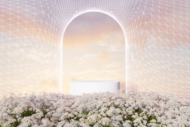 3d渲染春景和自然讲台背景，白色讲台上的白色花朵田野，背景网格梁拱，天空和云彩用于产品展示广告，化妆品或等图片下载
