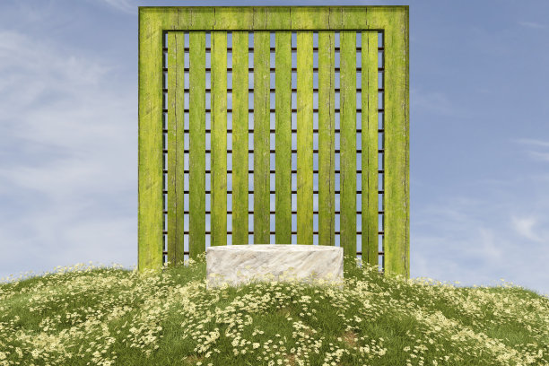 3d渲染春景和天然平台背景，花草地上的石头平台，背景木绿栅栏，用于产品展示，广告等图片下载