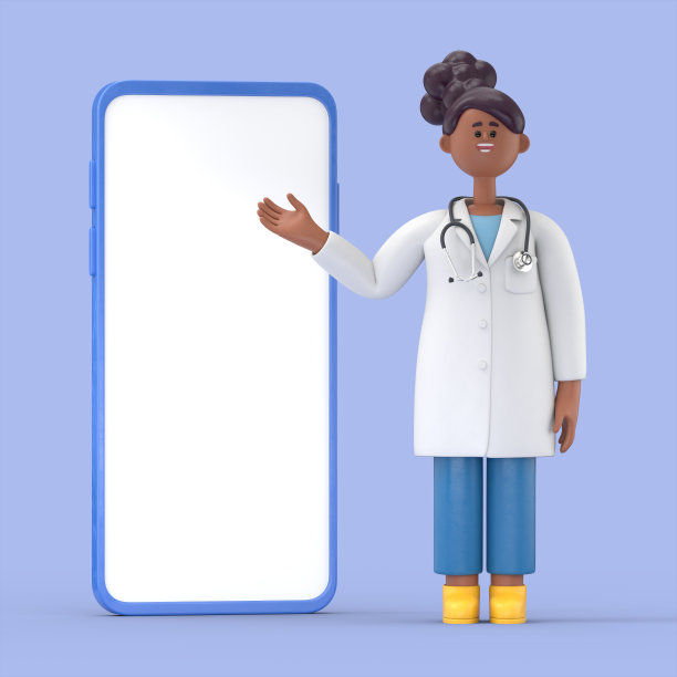 3D插图女医生朱丽叶与大手机。卡通人物的肖像站在男人指着屏幕，医学演示剪贴画孤立的蓝色背景图片下载