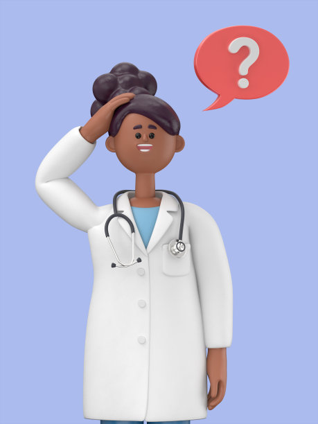 女医生朱丽叶的3D插图抓耳挠腮，看着语音气泡中的问号。沉思的女商人刮着头发，感到怀疑或犹豫。图片下载