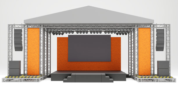 户外舞台索具桁架的三维渲染，带有灯光和音响系统，中心屏幕和侧景，所有活动，音乐会，演出的商业概念图片下载