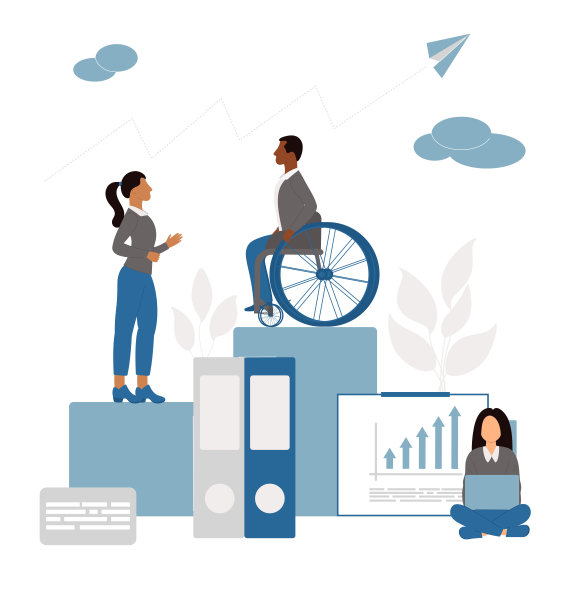 包容的办公室。社会多元化的工作团队。坐轮椅的办公室职员。图片下载