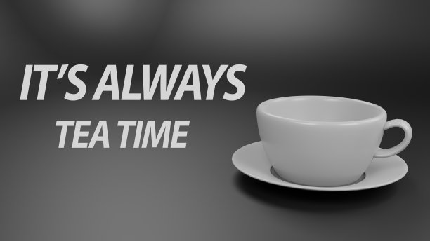 它总是茶的时间海报卡或3d渲染空杯茶与孤立的黑色背景图片下载