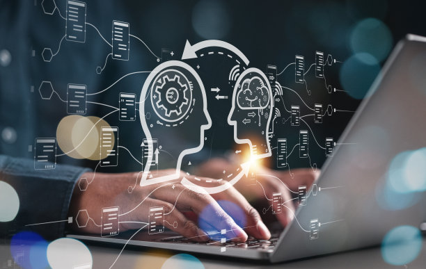 人类利用人工智能技术智能机器人AI，人工智能通过输入命令提示符来生成一些东西。图片下载