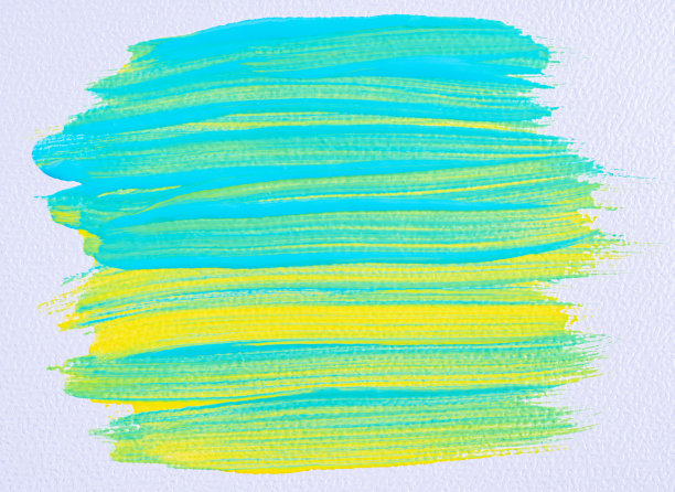 绿色，黄色和蓝色混合油漆刷在白色画布上。彩色水彩丙烯颜料染色在白纸墙上图片下载