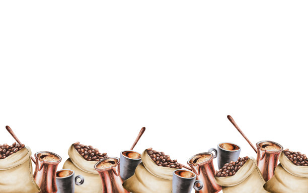 水彩无缝边界与咖啡制作工具。拿铁，浓缩咖啡，美式咖啡，卡布奇诺，咖啡，摩卡。手绘标志在孤立的背景。适用于设计师，菜单，商店，酒吧，小酒馆，餐厅，用于明信片，包装纸，封面。对pos图片下载